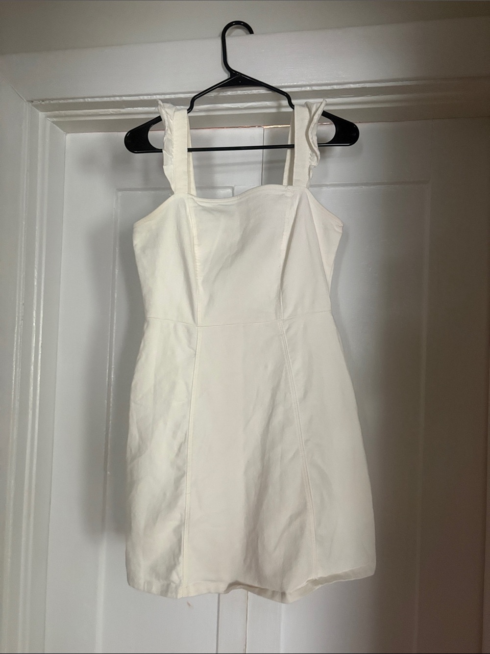 White Denim Ruffle Strap Mini Dress